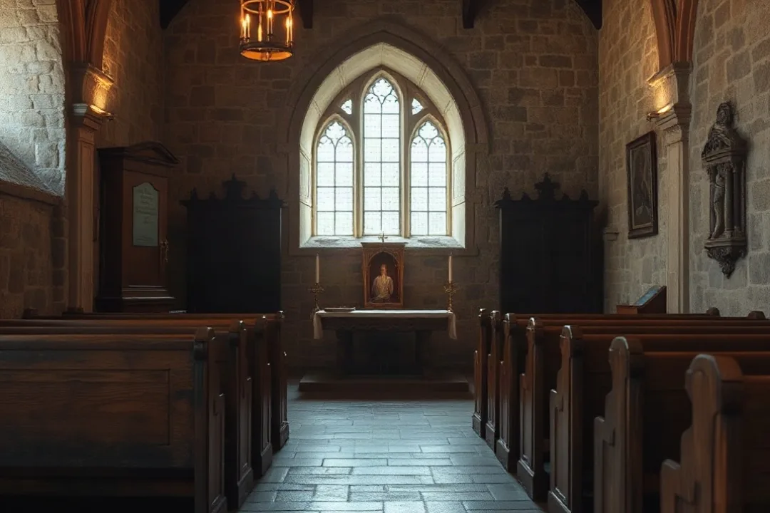 Stone church interior with a shrine and soft natural light