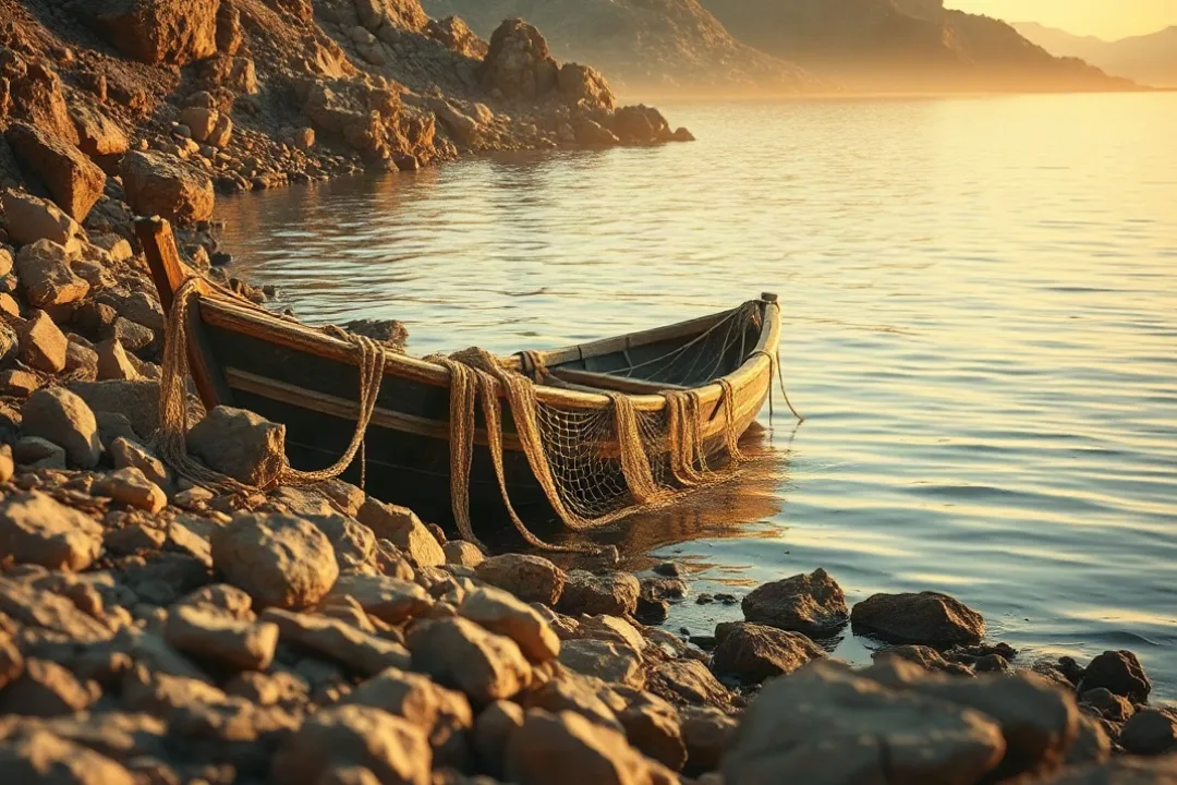 Ancient fishing boat and nets on the shore of Galilee