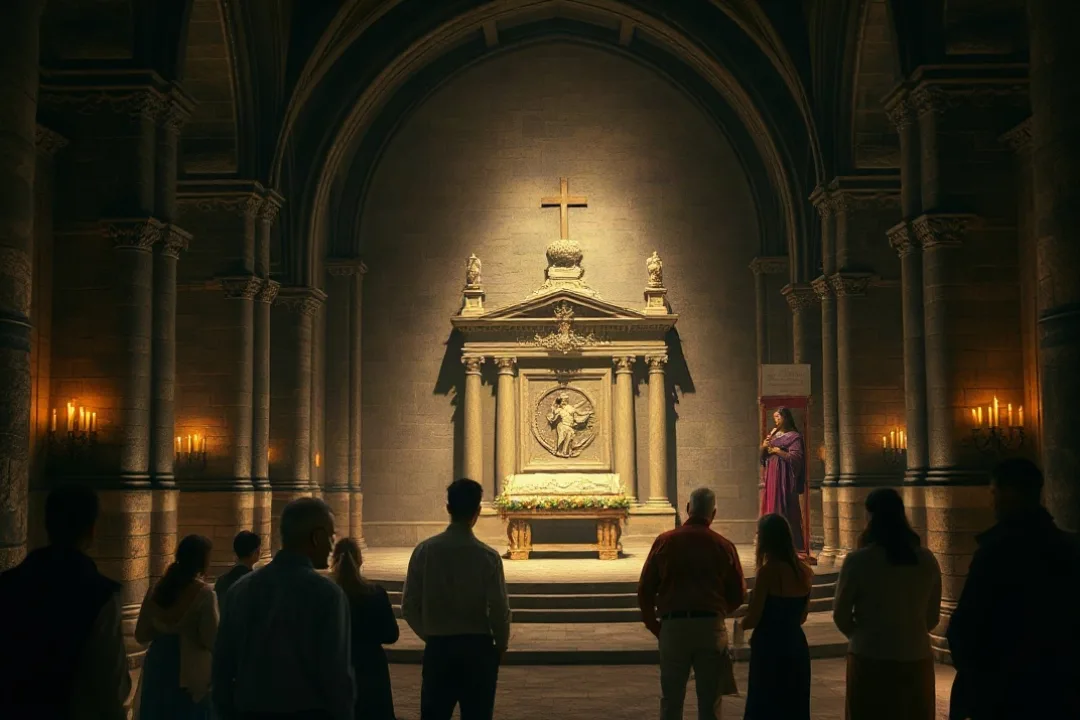 Stone crypt beneath a Gothic cathedral altar dedicated to a martyr saint