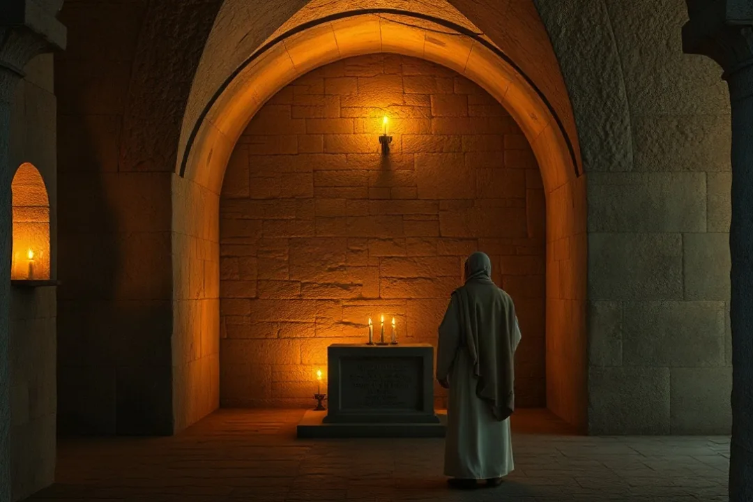 Stone crypt interior with candlelight near an old tomb