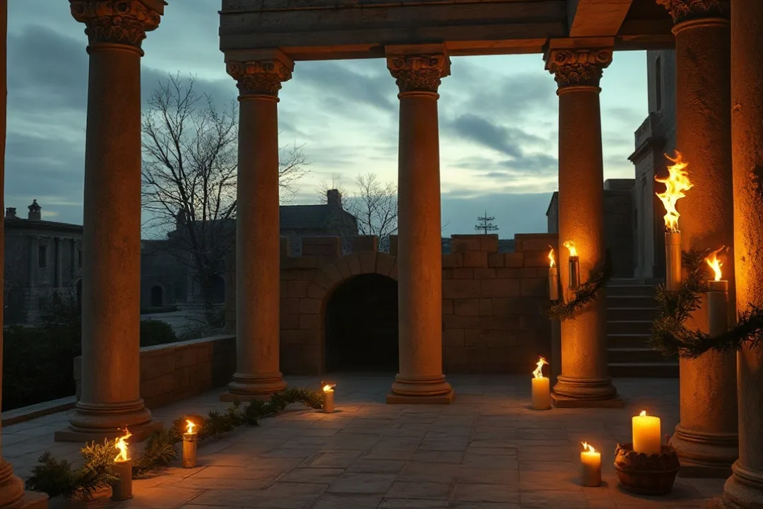 Ancient Roman courtyard decorated with torches and evergreen branches at dusk